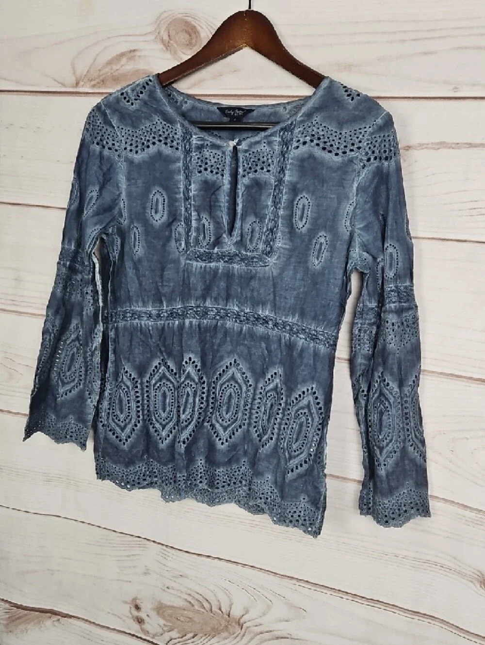 Lucky Brand Blue Acid Wash Eyelet Embroidered Boho Peasant Top | Small - Picture 3 of 11